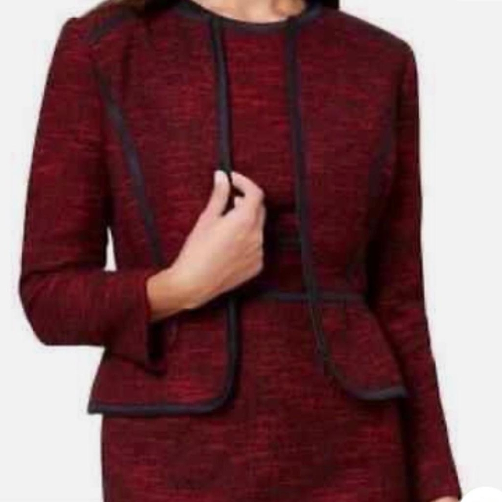Red Cropped Blazer with Black Trim and Textured Fabric